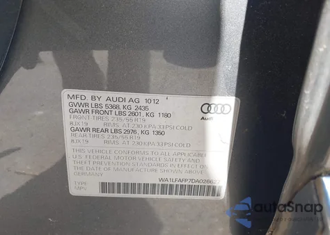 2013 Audi Q5 2.0T Premium from USA, damaged, VIN WA1LFAFP7DA026627